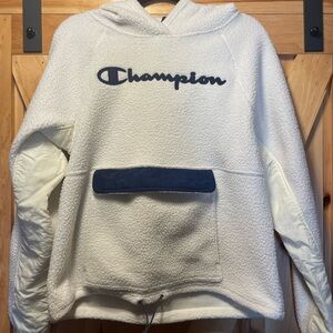 Champion White and Blue Fleece Hoodie, vintage, 90’s, Y2K
